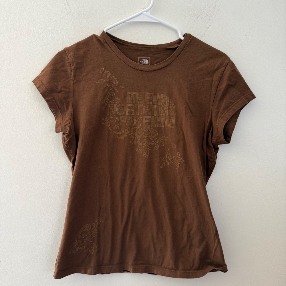 The North Face A5 Series Brown Paisley Logo y2k T-Shirt Womens Large L/G‎